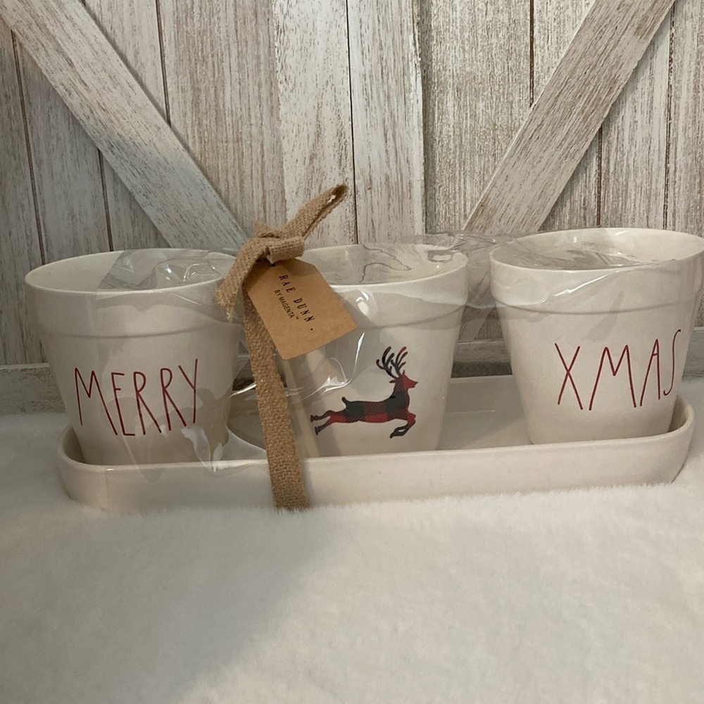 Rae Dunn Merry Xmas Plaid Deer Planters with Tray